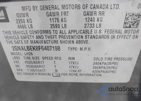 2015 Chevrolet Equinox 1Lt from USA, damaged, VIN 2GNALBEK8F6407198